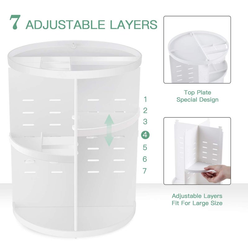 Seinlife 360 Rotating Makeup Organizer Diy Adjustable Spinning Holder Foldable Cosmetic Storage Display Box Large Capacity Make Up Caddy Shelf Fits Countertop Vanity And Bathroom (White) - Image 2