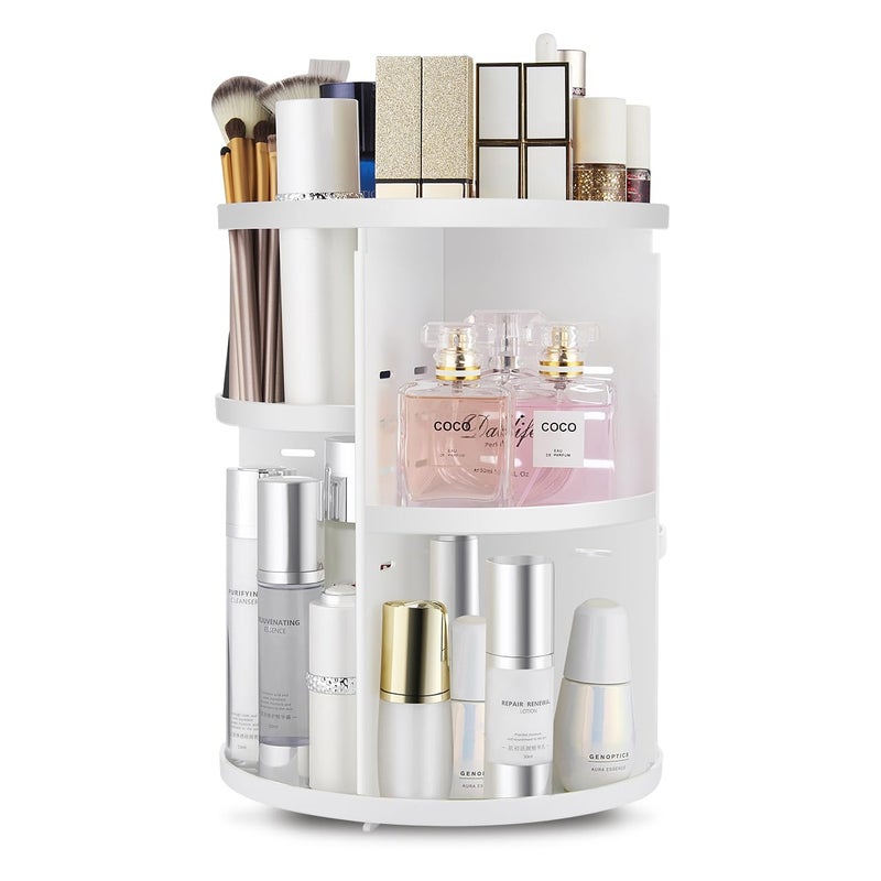 Seinlife 360 Rotating Makeup Organizer Diy Adjustable Spinning Holder Foldable Cosmetic Storage Display Box Large Capacity Make Up Caddy Shelf Fits Countertop Vanity And Bathroom (White) - Image 1