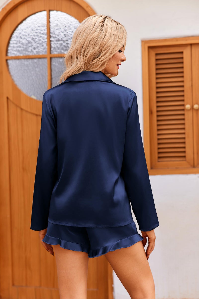 Ekouaer Womens Satin Pajama Sets Long Sleeve Top and Shorts Lounge Set Button Down Sleepwear Navy Blue S - Image 5