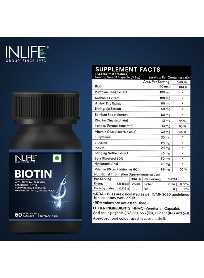 Inlife مكمل البيوتين من INLIFE للشعر | سيسبانيا، براعم الخيزران، برينغراج، زنك، فيتامين C | للنساء والرجال - 60 كبسولة نباتية (عبوة من 1، 60) - Image 2