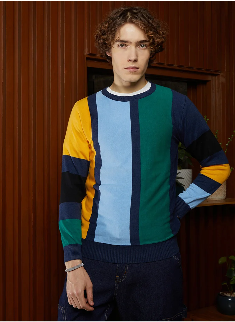 Campus Sutra Men's Multicolour Contrast Panel Pullover Sweater