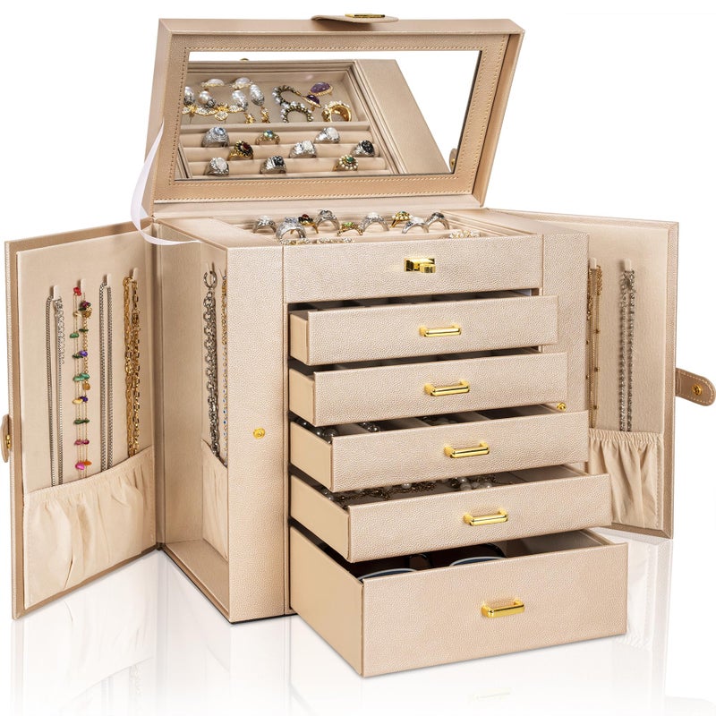 AKOZLIN Huge Jewelry Box Organizer Functional Extra Large Leather Jewelry Storage Case for Women Girls Ring Necklace Earring Bracelet Holder Organizer with Mirror
