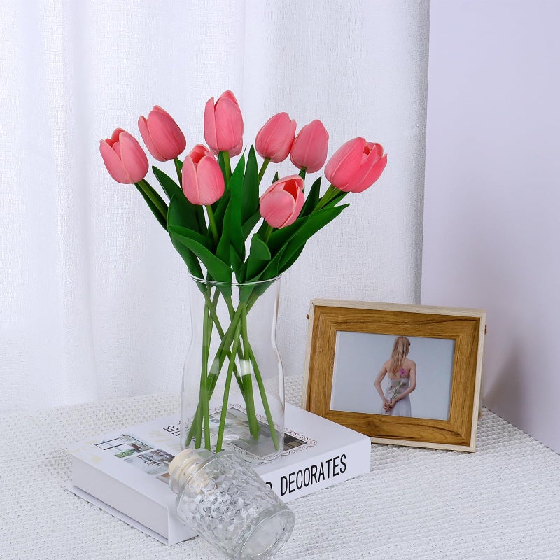 VaryFloral 10Pcs Pink Fake Tulips PU Faux Tulips Artificial Flowers for Decoration Fake Spring Bouquet for Home Wedding Flower Decor - Image 5