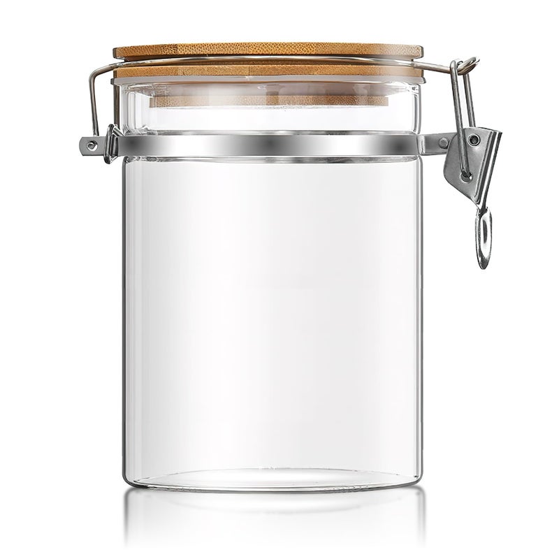 MOLADRI 36 oz/1050ml Clear Glass Storage Canister with Airtight Bamboo Lid, Medium Decorative Container Jar for Coffee Spice Candy Salt Tea Cookie Condiment Pepper Sugar Overnight Oatmeal Snacks - Image 1