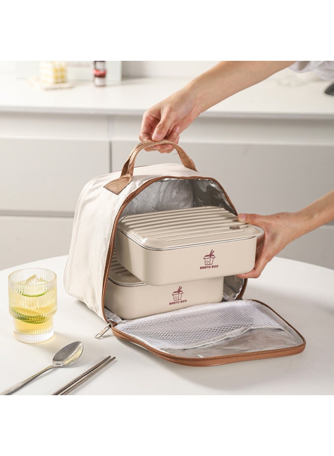 Large Capacity Microwave Preservation Box Lunch Box Heating Student Lunch Box Stainless Steel Lunch Box Office Tape-Specifications:White 800ml*2+tableware+insulation Bag - Image 2