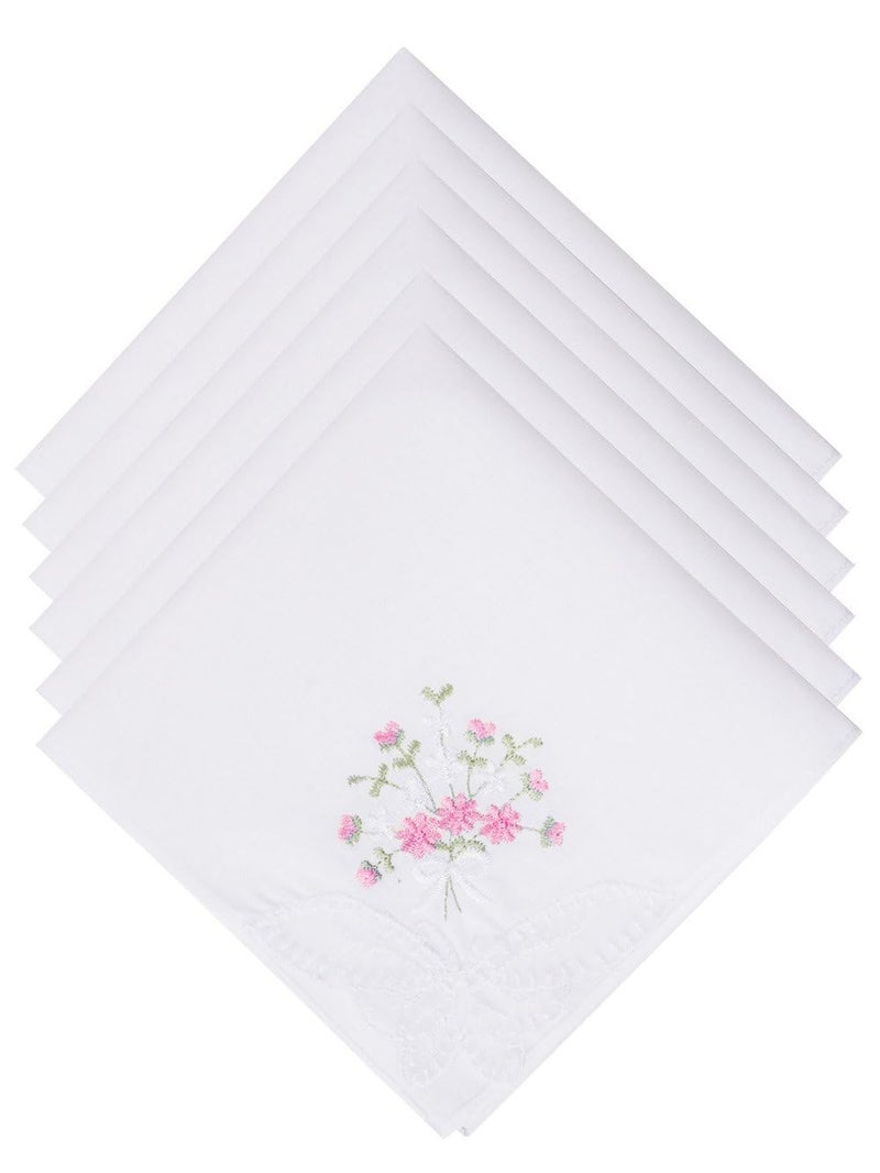 Selected Hanky Women's Cotton Handkerchiefs Flower Embroidered with Lace, Ladies Hankies 6 Pcs - Pink Floral - Image 1