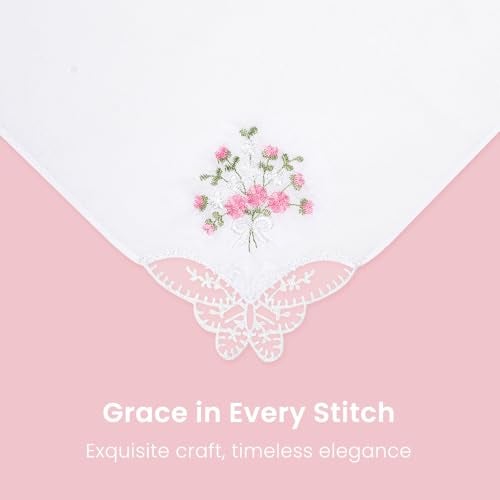 Selected Hanky Women's Cotton Handkerchiefs Flower Embroidered with Lace, Ladies Hankies 6 Pcs - Pink Floral - Image 2
