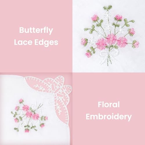 Selected Hanky Women's Cotton Handkerchiefs Flower Embroidered with Lace, Ladies Hankies 6 Pcs - Pink Floral - Image 4