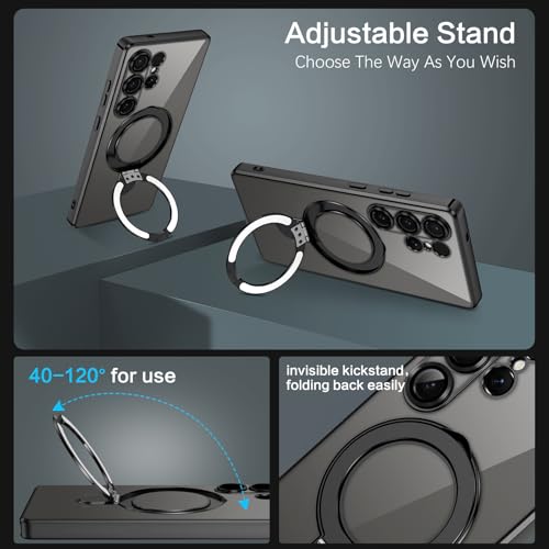 GUAGUA Magnetic for Samsung Galaxy S25 Ultra Case with Kickstand, [Compatible with MagSafe][Full Camera Protection] Anti-Slip Sturdy Stand Anti-Yellowing Matte Back Cover for S25 Ultra, Black - Image 3