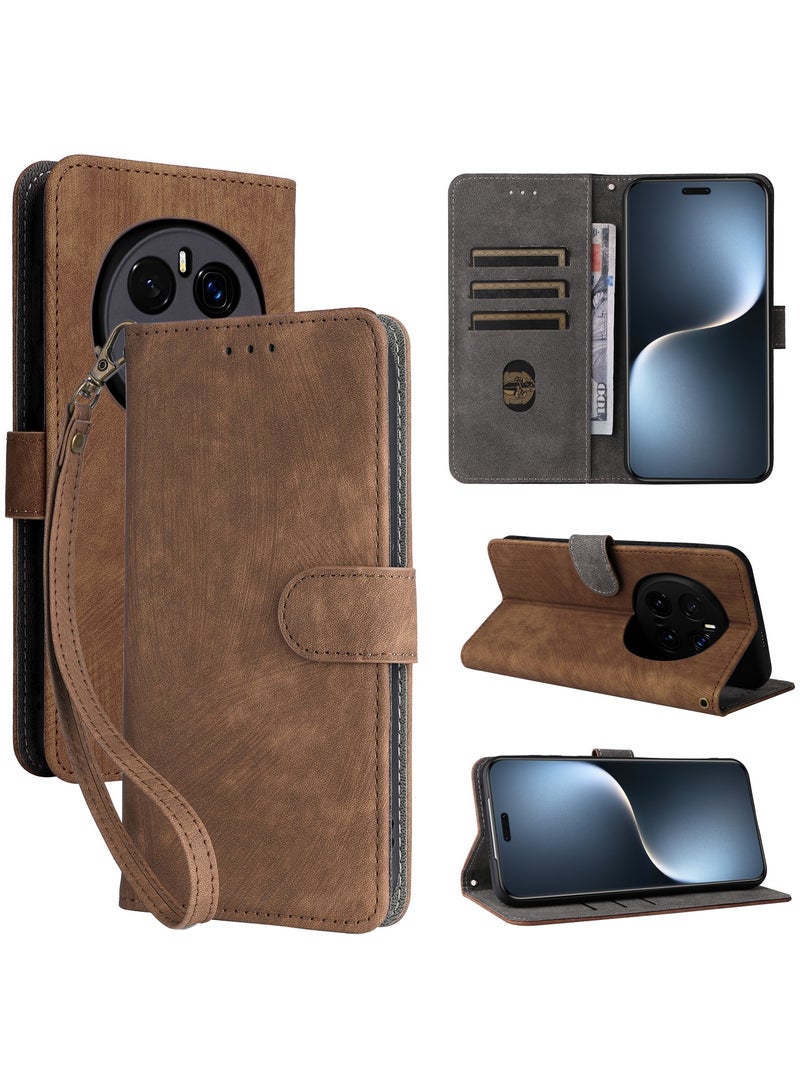 For Honor Magic 7 Pro Cover with Hand Strap, PU Leather Full Body Protection Shockproof Flip Mobile Cover, RFID Anti-theft Brush Folio Wallet Case - Image 1
