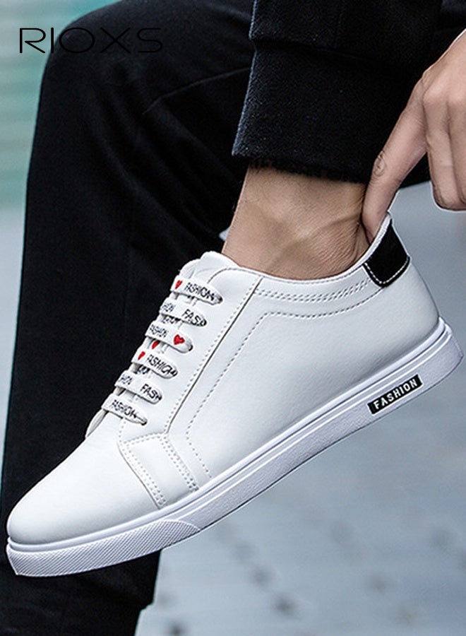 RIOXS Low Top Sneaker for Men, Casual Athlesiure Shoes, Chic Lace-up Men's Sneakers, Breathable Comfort Walking Shoes for Male, Fashion Flat Sneakers, Faux Leather Tennis Shoes, Lightweight Mens White Shoes for Shopping/ Training/ Travel/ Daily Wear - Image 1