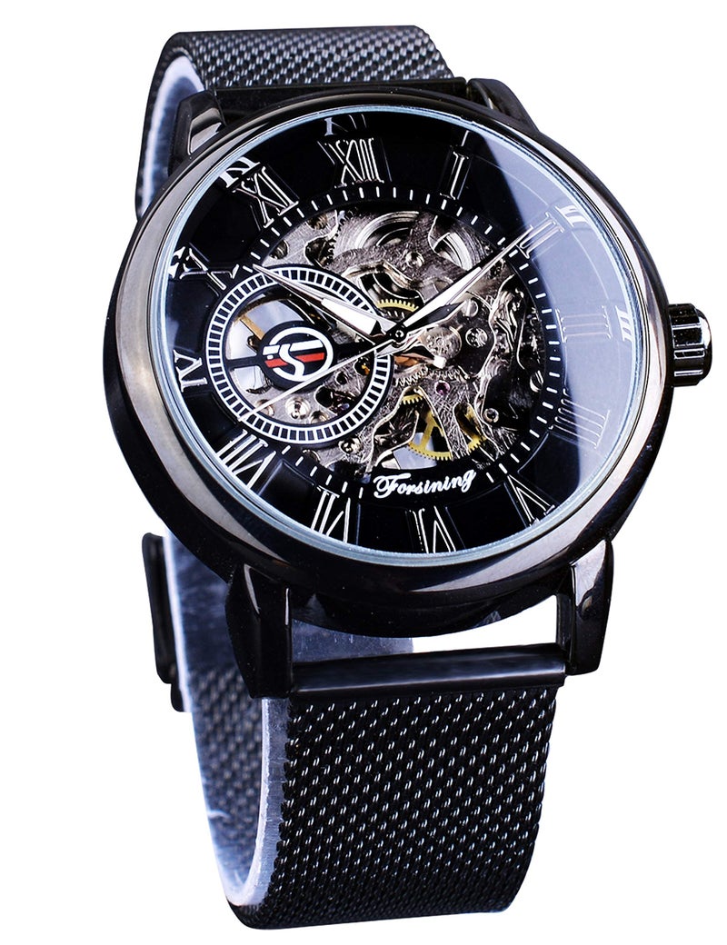 FORSINING Black Mechanical Watch for Men Minimalist Retro Design Staempunk Mechanical Skeleton Wrist Watch Transparent Business Mesh Band Watch - Image 1