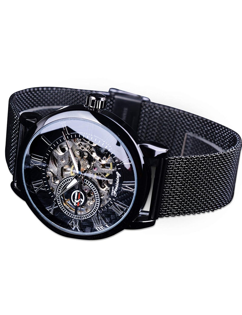 FORSINING Black Mechanical Watch for Men Minimalist Retro Design Staempunk Mechanical Skeleton Wrist Watch Transparent Business Mesh Band Watch - Image 5