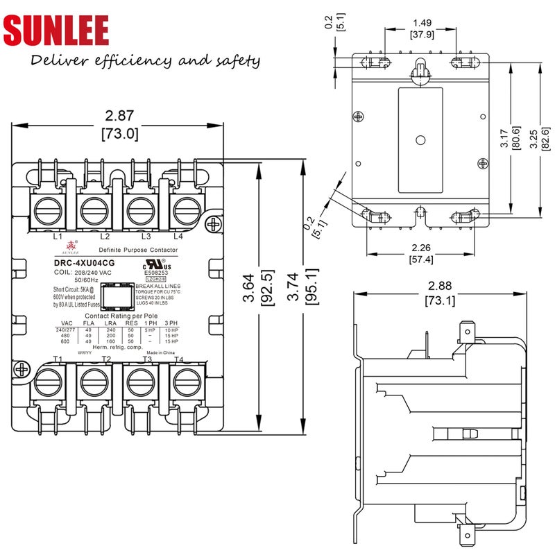 SUNLEE 4 Pole 40 Amp 50 RES 208/240V Coil Contactor fits Siemens 42CF25AG Lighting Heating Refrigeration Contactor, UL Recognized & Approved for UL 60335 - Image 4