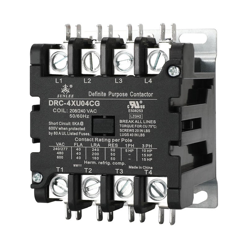 SUNLEE 4 Pole 40 Amp 50 RES 208/240V Coil Contactor fits Siemens 42CF25AG Lighting Heating Refrigeration Contactor, UL Recognized & Approved for UL 60335 - Image 1