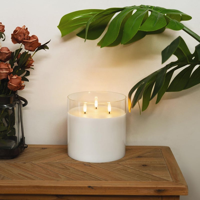 Homemory 6X6'' Extra Large Flameless Candle with 3 Wicks, Glass LED Pillar Candle, Real Wax Battery Operated Candle with Remote Control and Timer, Pure White - Image 4