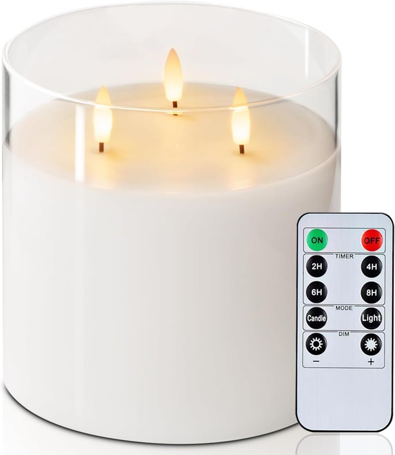Homemory 6X6'' Extra Large Flameless Candle with 3 Wicks, Glass LED Pillar Candle, Real Wax Battery Operated Candle with Remote Control and Timer, Pure White - Image 1
