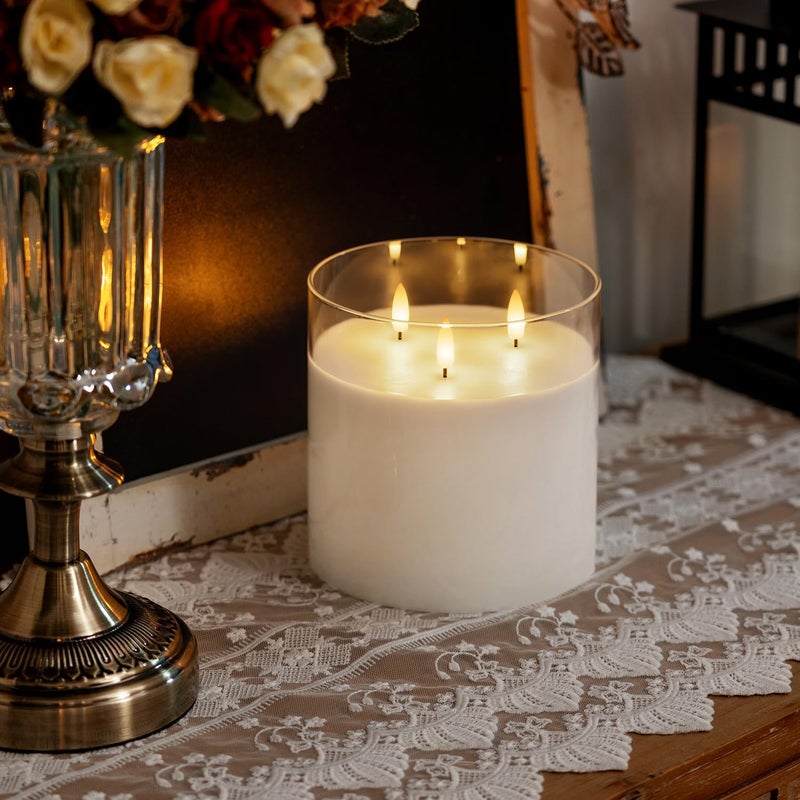 Homemory 6X6'' Extra Large Flameless Candle with 3 Wicks, Glass LED Pillar Candle, Real Wax Battery Operated Candle with Remote Control and Timer, Pure White - Image 3