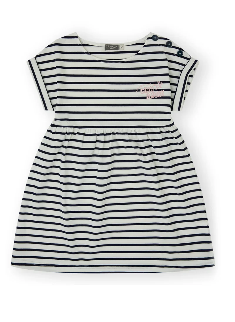 CANADA HOUSE Soft and Comfortable Cotton Striped Jersey Dress with Short Sleeves and Round Neckline For Girls White and Navy Blue