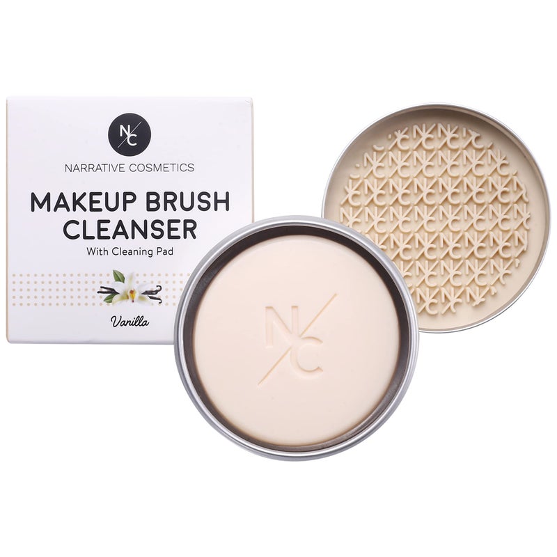 Narrative Cosmetics Solid Makeup Brush Cleanser Soap with Silicone Cleaning Pad, Cleans Natural & Synthetic Brushes, Vegan, Cruelty-Free, Natural Ingredients, Vanilla Fragrance, 2.45 Oz. - Image 1