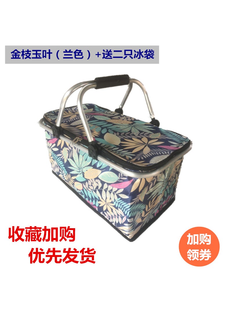 Generic - 30L large take-out fast food bag car insulation bag outdoor picnic refrigerated delivery box folding shopping basket ice bag Golden branches and green leaves (blue) without ice pack Golden branches and green leaves (blue) without ice pack - Image 1