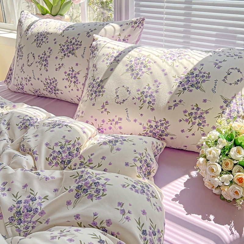 3pcs Soft and Comfortable Minimalist Style Small Floral Print Duvet Cover Set, Includes 1 Duvet Cover + 2 Pillowcases. Suitable for Bedrooms, Dorms, Guest Rooms. Washed Print Process. Machine Washable - Image 1