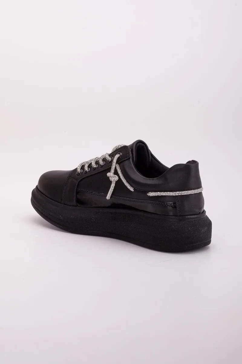 Dilimler Ayakkabı Balloon Sole Skin Patent Leather Stone Laced Black Women's Sports Shoes