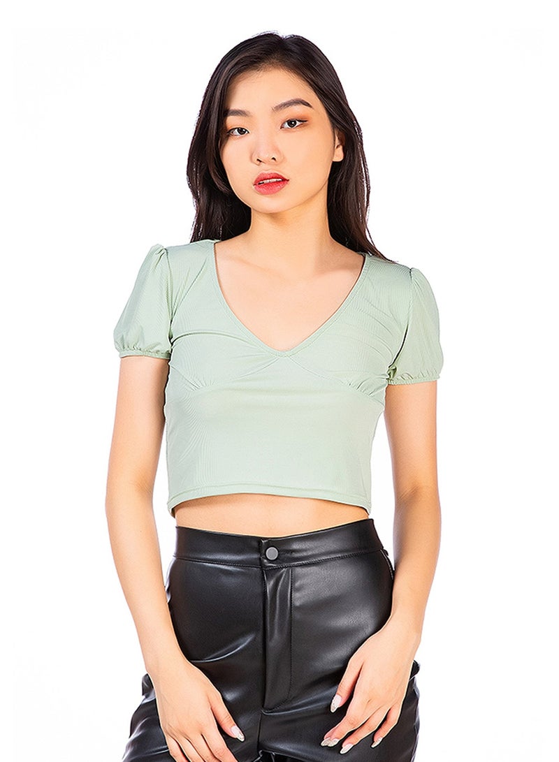 London Rag Sage Green Pleated V Neck Top - Image 1