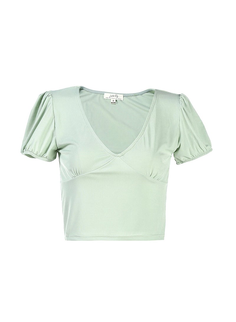 London Rag Sage Green Pleated V Neck Top - Image 5