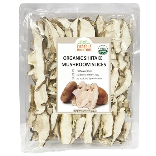 VIGOROUS MOUNTAINS Organic Shiitake Mushrooms Sliced Great Size Fresh Texture Rehydrate Quickly Dried Shiitake Mushrooms for Cooking Soups Ramen Pasta and Risotto All Natural Vegan 353Oz - Image 1