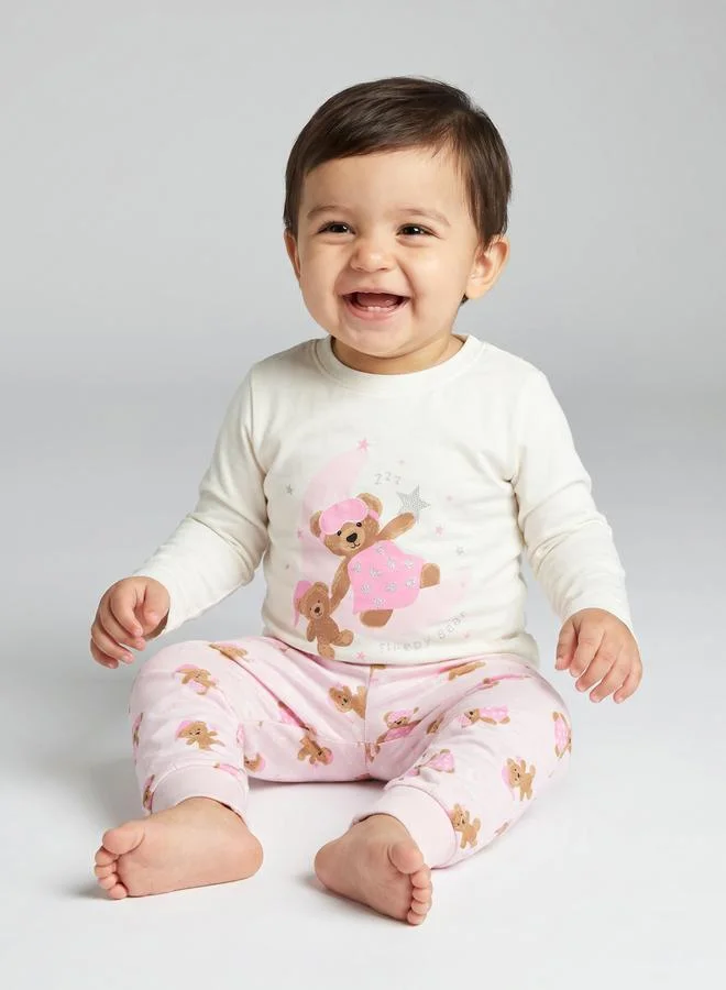 Styli Multi-Color Teddy Bear Print Long Sleeves T-Shirt and Cuffed Hem Pants Pyjama Set