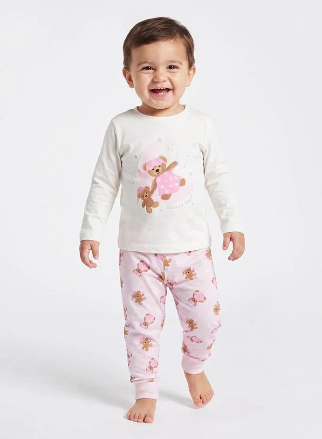 Styli Multi-Color Teddy Bear Print Long Sleeves T-Shirt and Cuffed Hem Pants Pyjama Set