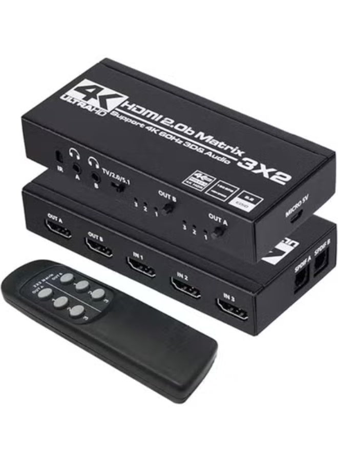 HDMI 2.0 Matrix 3x2 Switch Splitter – 3 In 2 Out – 4K@60Hz HDR – EDID Extractor & Remote Control – Supports 3D, HDCP 2.2 - Image 1