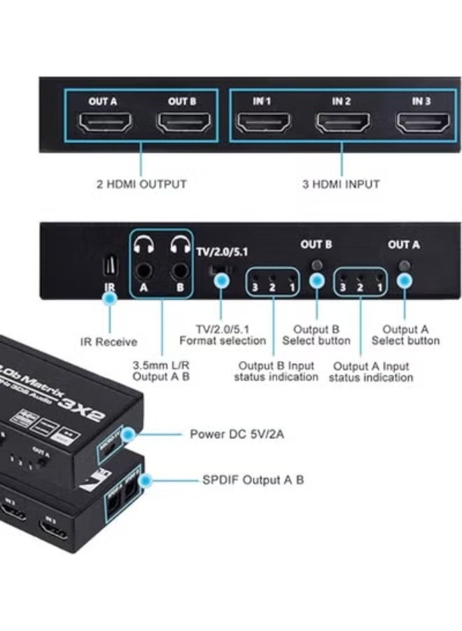 HDMI 2.0 Matrix 3x2 Switch Splitter – 3 In 2 Out – 4K@60Hz HDR – EDID Extractor & Remote Control – Supports 3D, HDCP 2.2 - Image 5