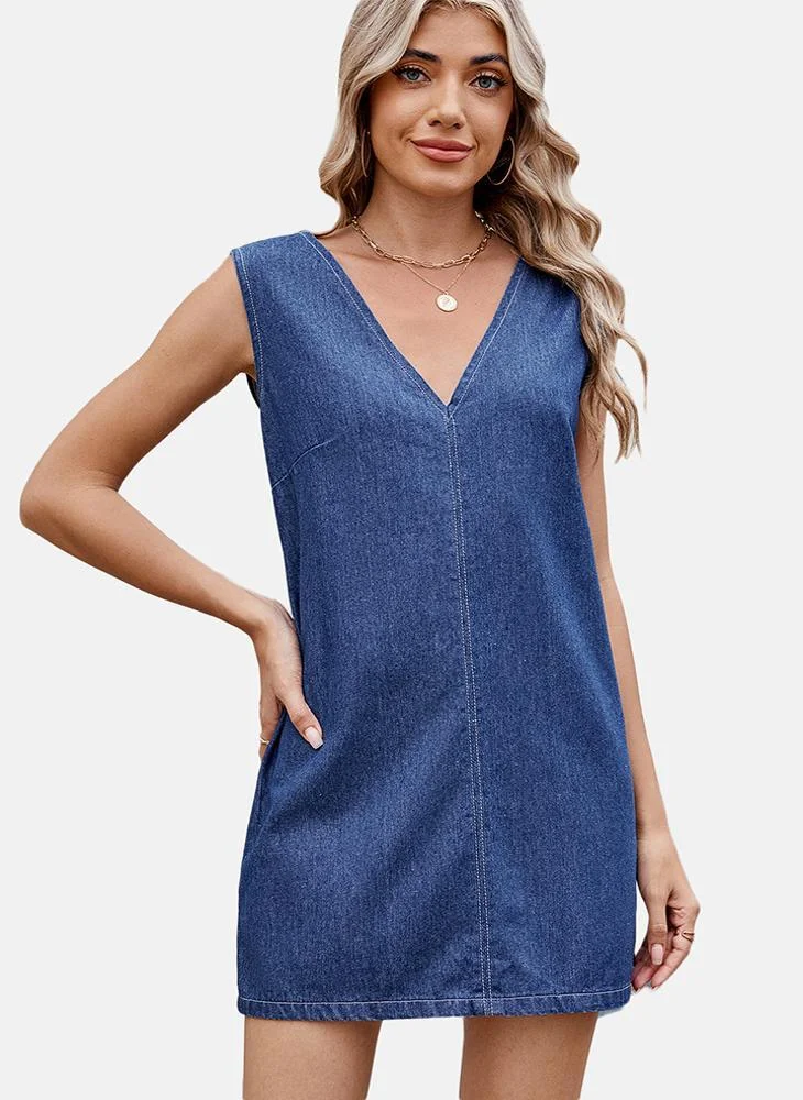 يونيكي Blue A-Line Tie-up Plain Denim Dress