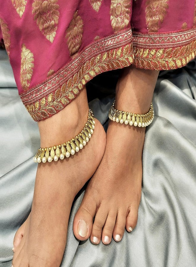 Efulgenz Indian Anklets for Women Bollywood Faux Pearl Anklet Indian Oxidized Anklets Jewelry Wedding Bridal Bracelets Set Payal for Women - Image 3