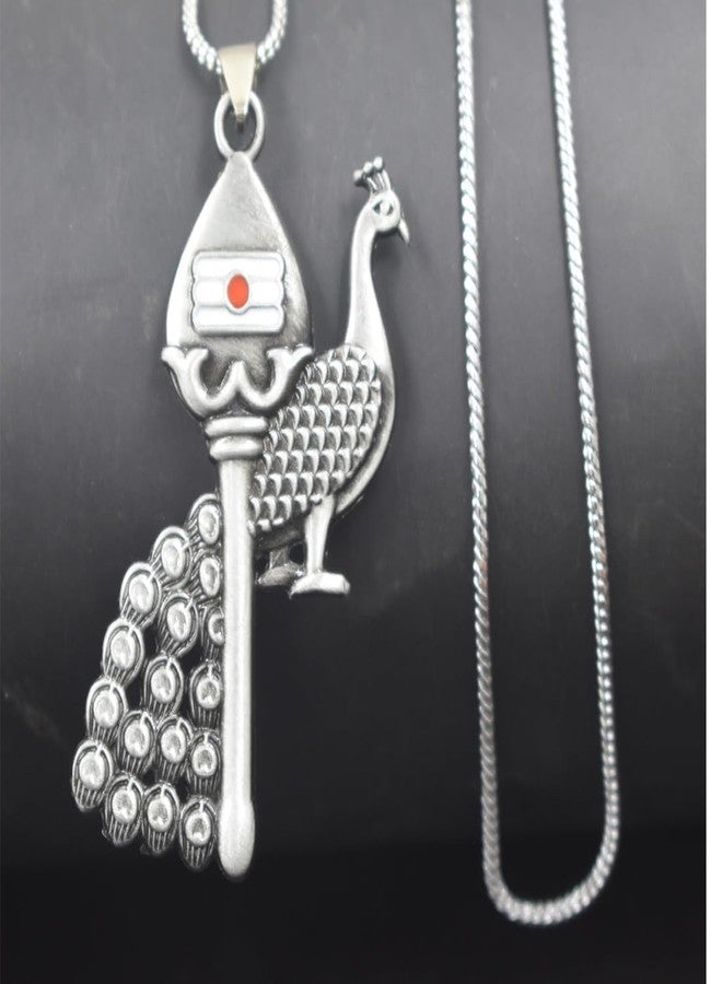 AFH قلادة AFH Lord Murugan Tamil Om Vel Peacock Feather Grey Snake Chain للرجال والنساء - Image 5