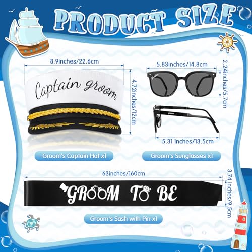 JaGely 3 Pcs Captain Bachelor Party Accessories for Groom Set Include Groom Hat Sunglasses Sash for Bridal Shower(Vintage Style) - Image 3