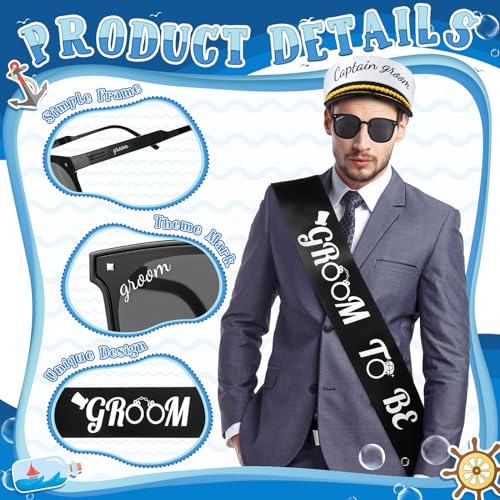JaGely 3 Pcs Captain Bachelor Party Accessories for Groom Set Include Groom Hat Sunglasses Sash for Bridal Shower(Vintage Style) - Image 4