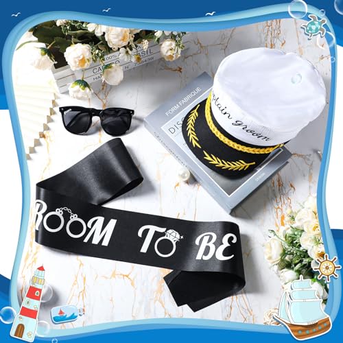 JaGely 3 Pcs Captain Bachelor Party Accessories for Groom Set Include Groom Hat Sunglasses Sash for Bridal Shower(Vintage Style) - Image 2