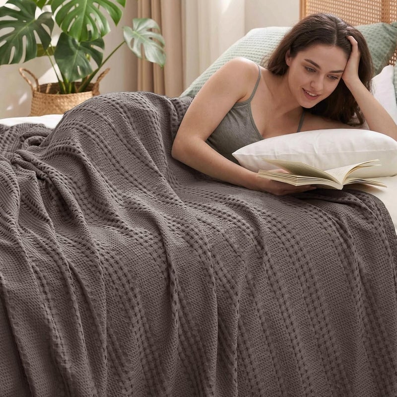 PHF Cooling Waffle Blanket Queen Size, Lightweight 60% Rayon Derived from Bamboo & 40% Cotton Breathable Blanket for Hot Sleepers, Soft and Luxury for Bed Couch and Sofa, 90"x90", Dark Grey - Image 1
