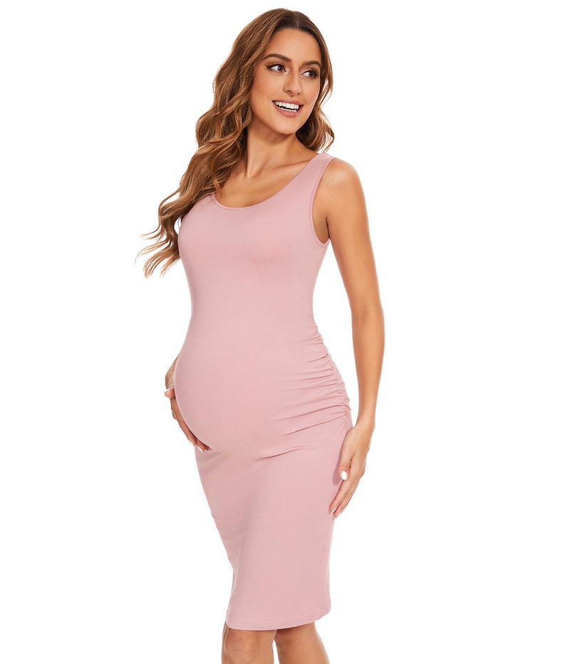 KUNINDOME Maternity Dresses, Sleeveless Tank Dresses Side Ruching Bodycon Dress, Dusty Pink, Large - Image 2
