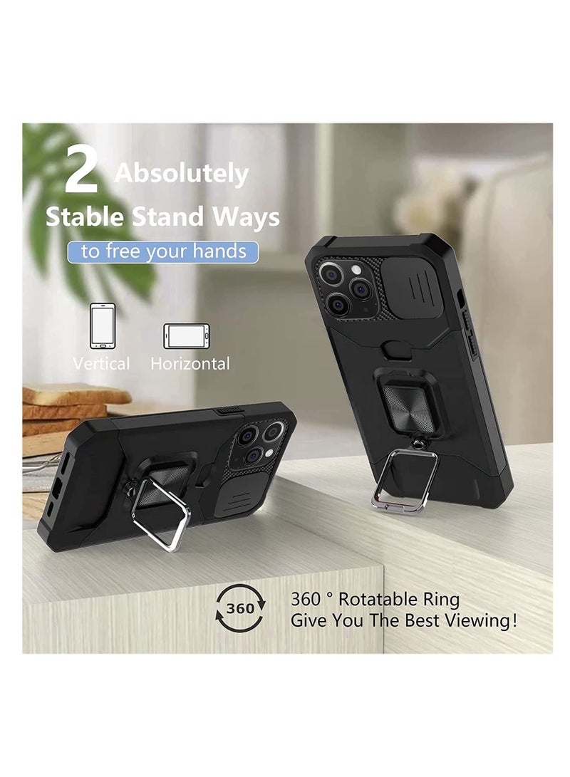 Kickstand Case for iPhone 12 Pro Max with Slide Camera Lens Cover, Heavy Duty Armor Style Case with Rotate Ring Stand u0026 Card Holder Slot Magnetic Car Mount, Durable Phone Case Shockproof Wallet  - Image 2