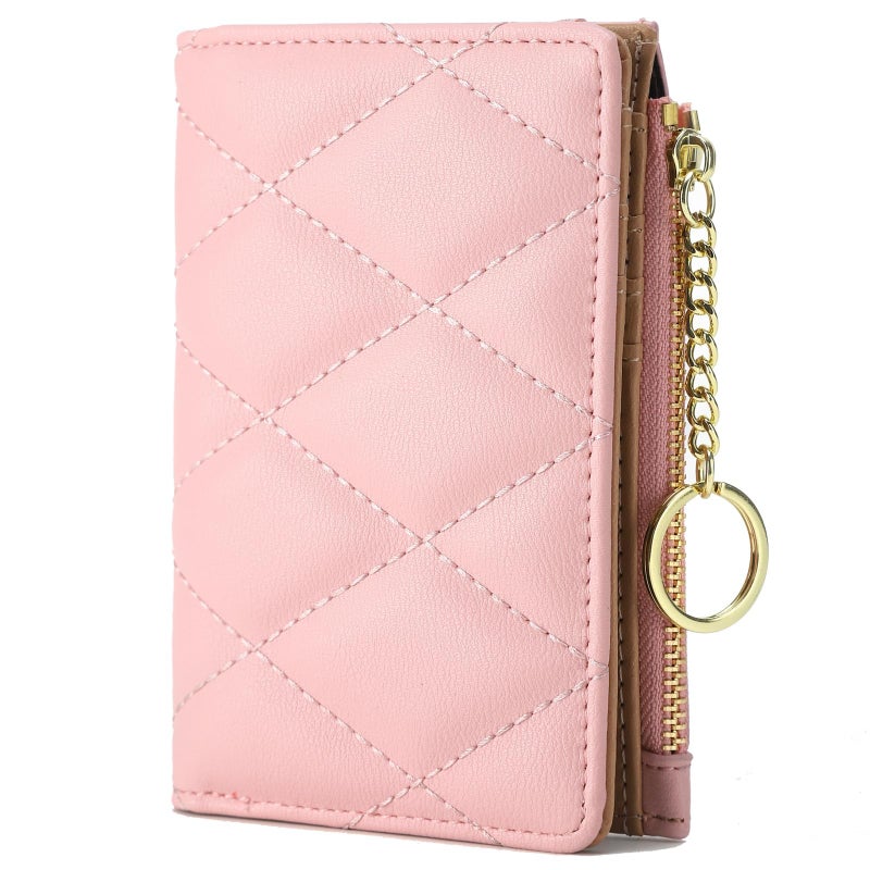 VODIU Womens Wallet Card Holder Slim Bifold Wallets for Women Pocket Wallet Lingge Quilted Coin Purse with ID Window Pink - Image 1