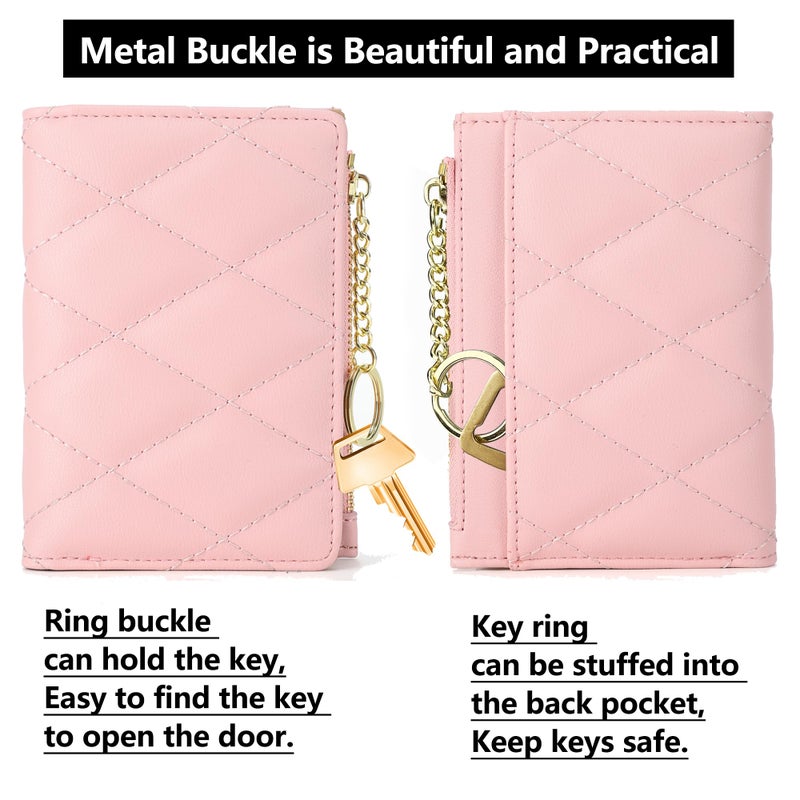 VODIU Womens Wallet Card Holder Slim Bifold Wallets for Women Pocket Wallet Lingge Quilted Coin Purse with ID Window Pink - Image 3