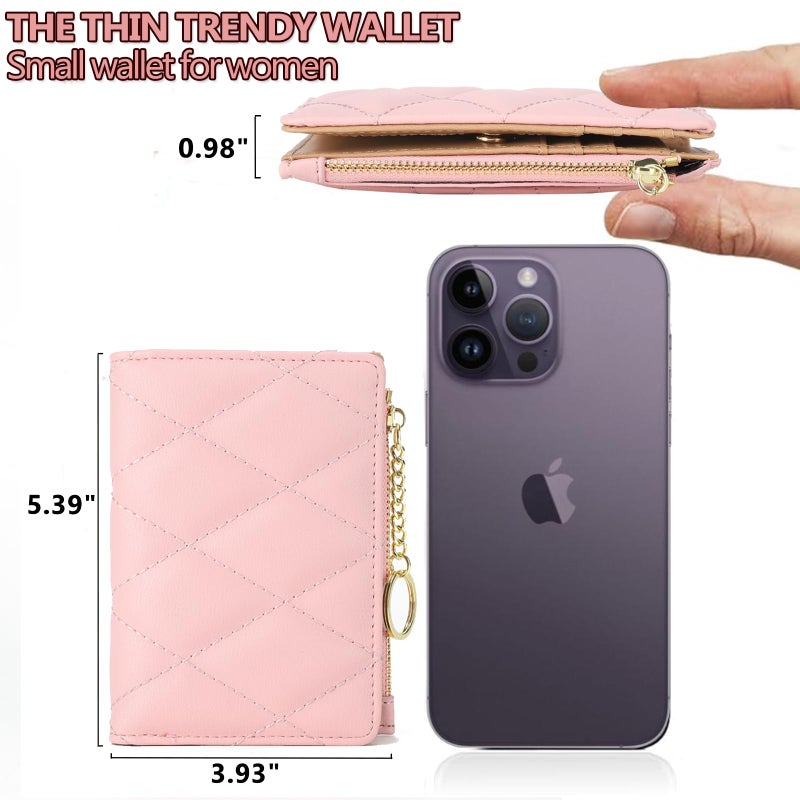 VODIU Womens Wallet Card Holder Slim Bifold Wallets for Women Pocket Wallet Lingge Quilted Coin Purse with ID Window Pink - Image 4