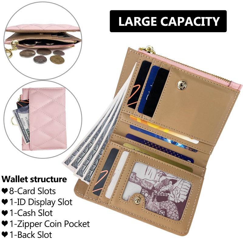 VODIU Womens Wallet Card Holder Slim Bifold Wallets for Women Pocket Wallet Lingge Quilted Coin Purse with ID Window Pink - Image 5