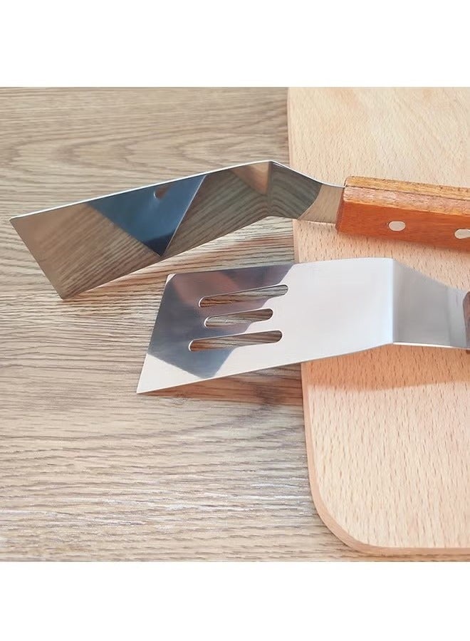 Unewshi 2PCS Kitchen utensils stainless steel metal spatula with wooden handle For stir-frying teppanyaki, barbecue, steak, pizza - Image 3