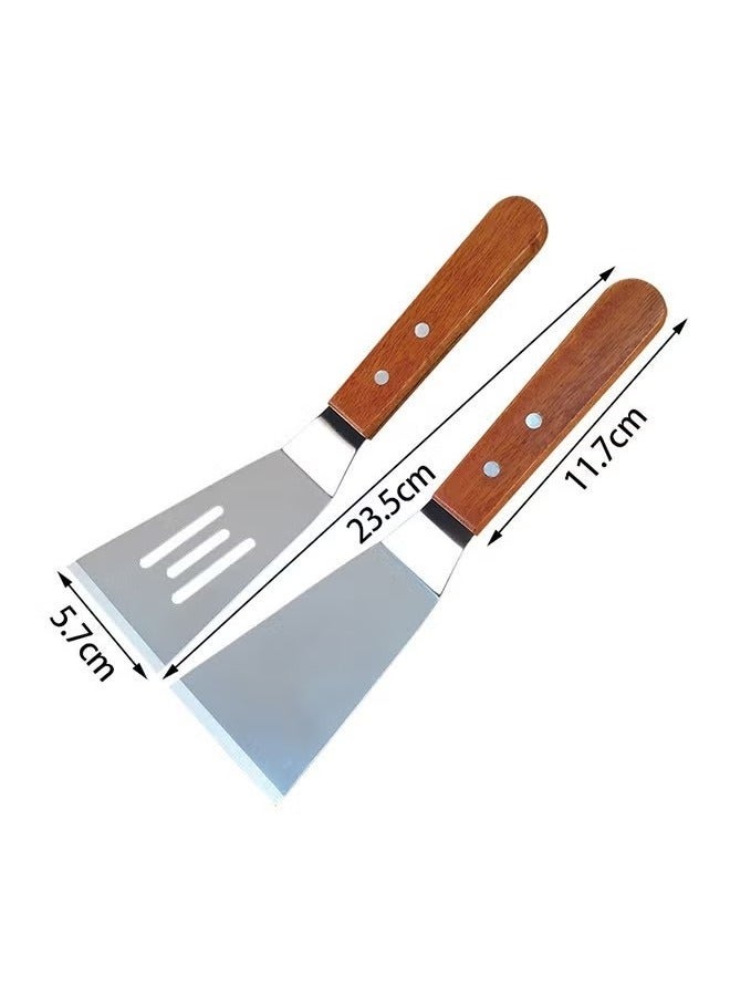 Unewshi 2PCS Kitchen utensils stainless steel metal spatula with wooden handle For stir-frying teppanyaki, barbecue, steak, pizza - Image 2