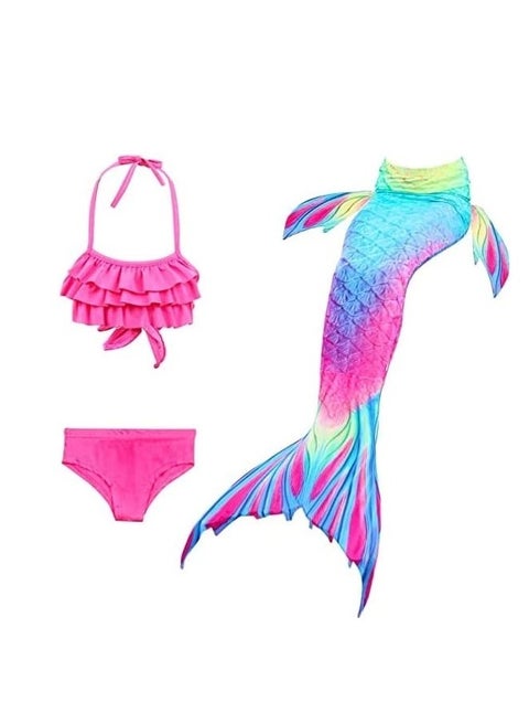 Cute Mermaid Tail Swimsuit Set 3 Pcs for Toddler Big Girls Birthday Gift Without Fin(2-12 Years)